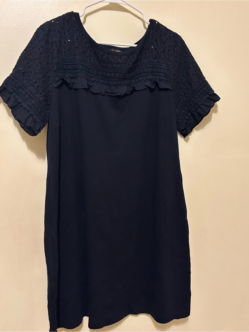 Talbots Navy Eyelet Crochet Trim Ruffle Shift Dress Sz XL Cotton Short Sleeve
